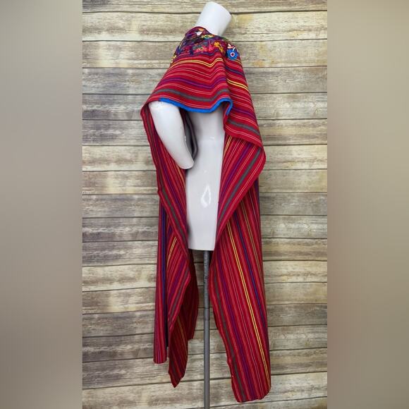 VINTAGE RED GUATEMALAN HAND LOOMED KAFTAN FLORAL EMBROIDERED HUIPIL DRESS - Picture 5 of 7